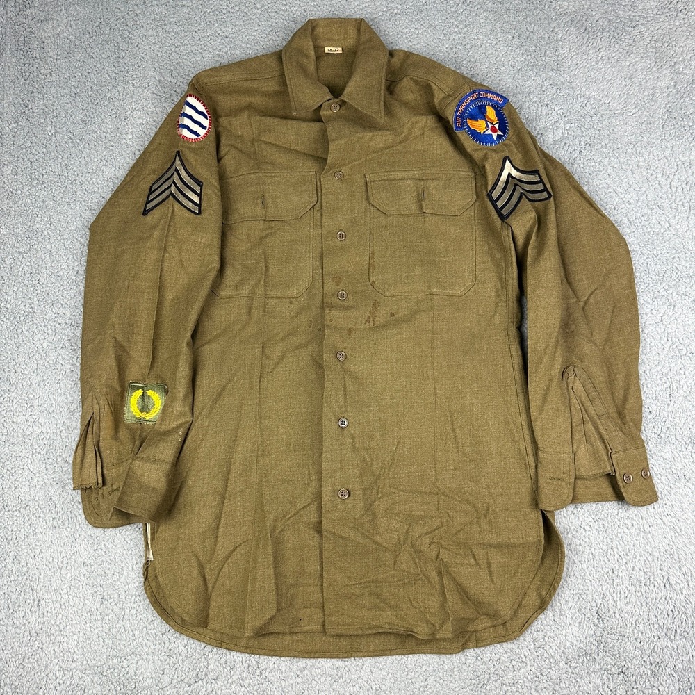 Vintage US Army Shirt Adult 14x32 Green Flannel WW2 40s 1940s Military